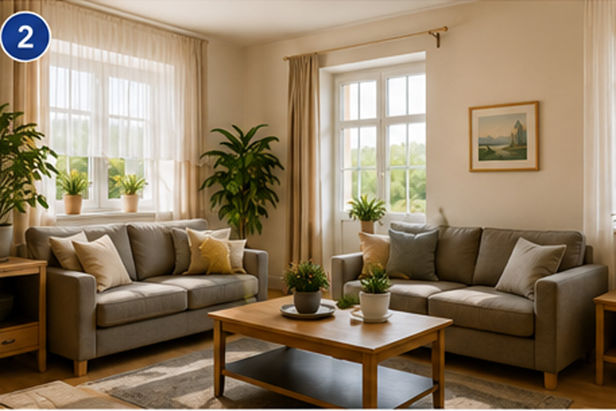 Ein Wohnzimmer mit zwei grauen Sofas, einem Couchtisch aus Holz, mehreren Topfpflanzen, hellen Vorhängen und einem gerahmten Gemälde an der Wand. Durch zwei Fenster fällt Tageslicht herein.