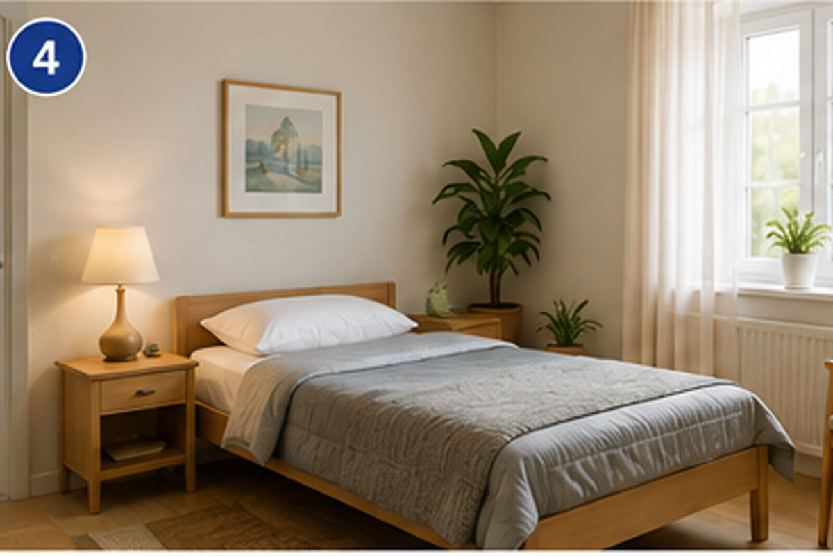 Ein ordentlich gemachtes Bett mit grauer Bettwäsche in einem schlichten, hell beleuchteten Schlafzimmer mit Holzmöbeln, Topfpflanzen, einer Tischlampe und einem gerahmten Bild an der Wand.