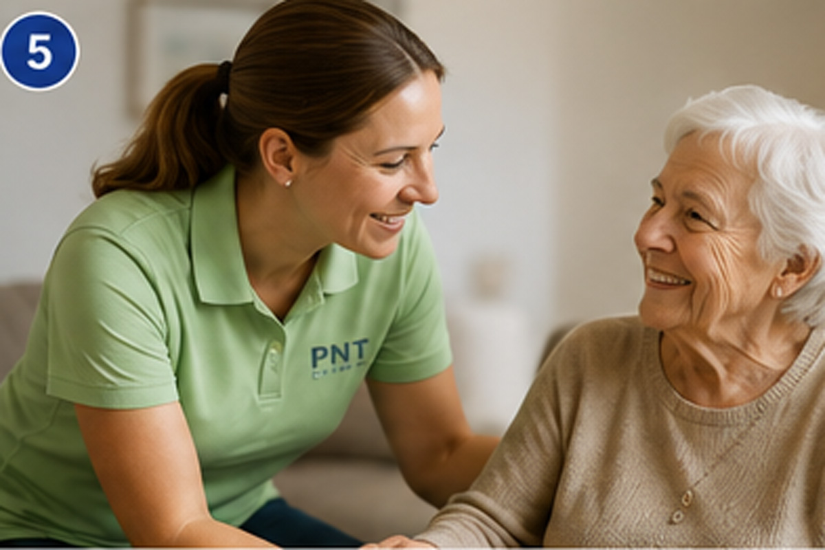 Eine Pflegekraft in einem grünen „PNT“-Poloshirt lächelt und hält die Hand einer älteren Frau, die ebenfalls lächelt. In der oberen linken Ecke ist eine blaue 5 zu sehen.