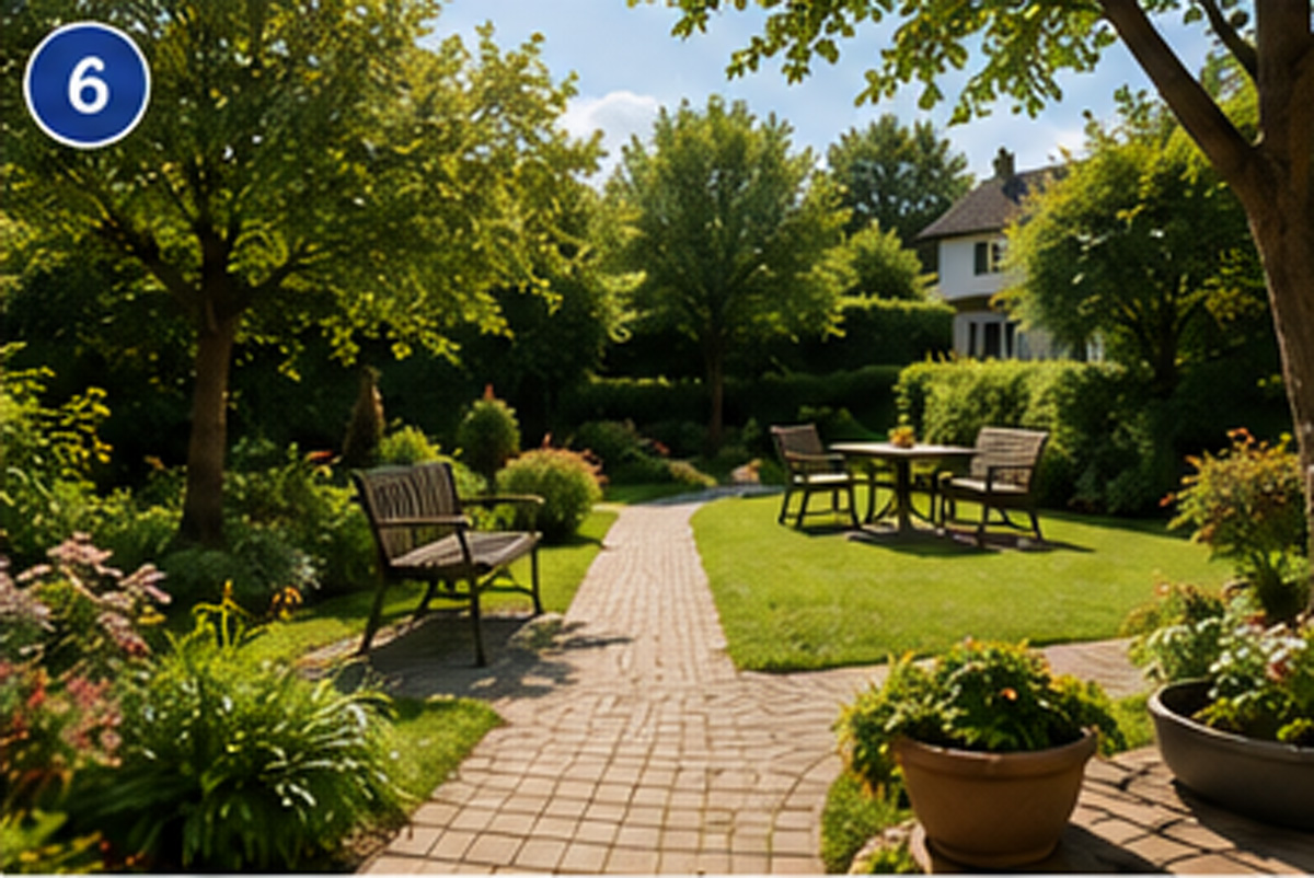 Ein gepflegter Garten mit einem gepflasterten Weg, Bänken, Tischen, Stühlen, Topfpflanzen, Bäumen und einem Haus im Hintergrund unter blauem Himmel.