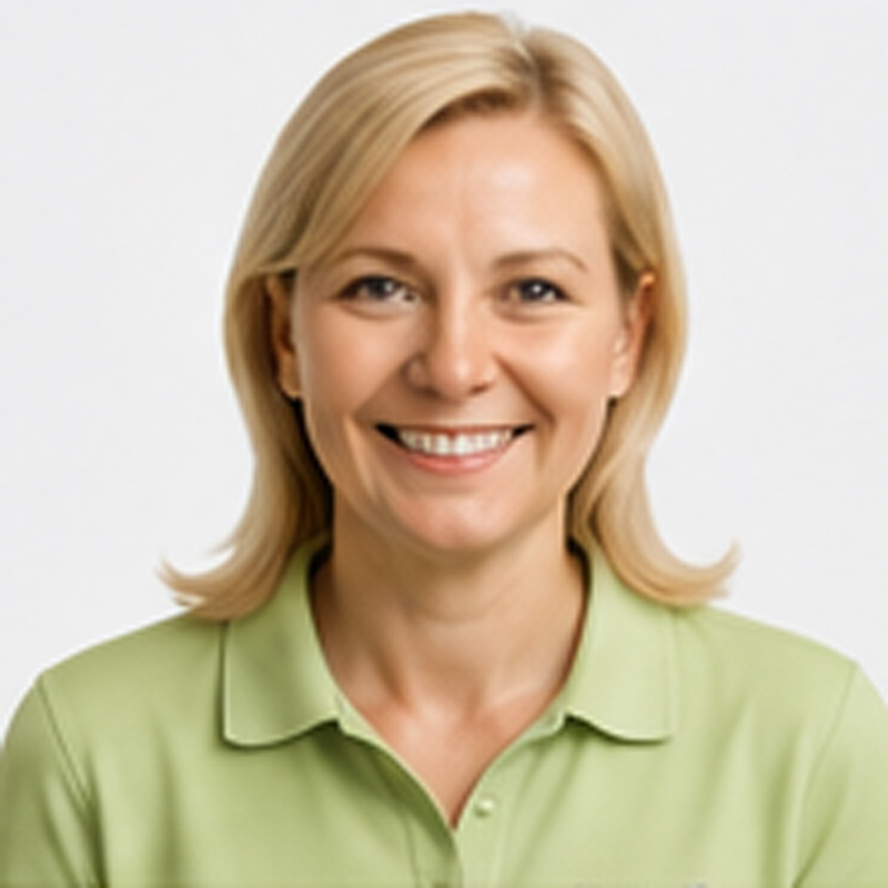 Eine Frau mit blonden Haaren und einem hellgrünen Hemd mit Kragen lächelt vor einem schlichten weißen Hintergrund in die Kamera.