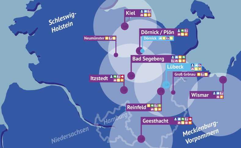 Karte mit Städten in Norddeutschland, darunter Kiel, Lübeck, Wismar und andere, mit Symbolen für Dienste und Routen, die die Orte verbinden.