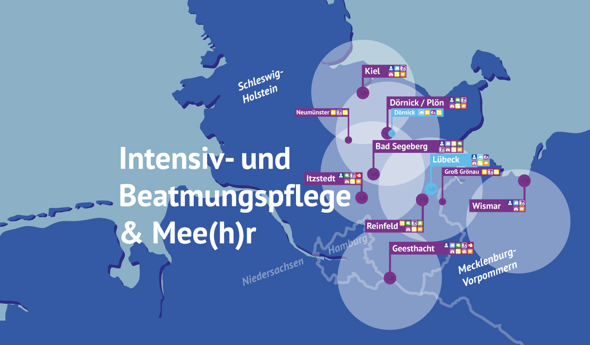 Karte von Norddeutschland mit Standorten von Intensiv- und Beatmungspflegeeinrichtungen in Schleswig-Holstein und Mecklenburg-Vorpommern, mit beschrifteten Städten und Dienstleistungssymbolen.