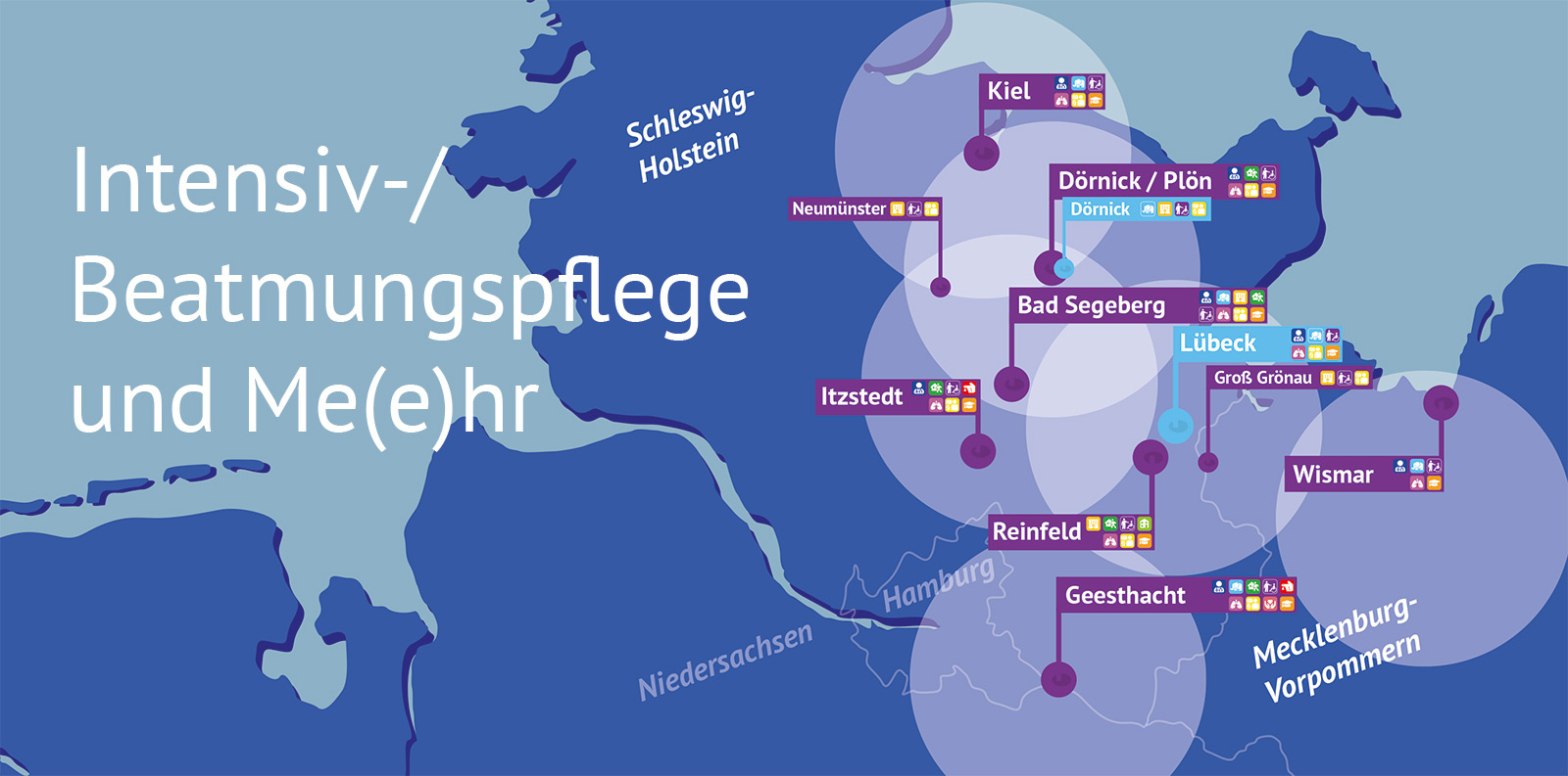 Karte von Norddeutschland mit den Standorten der Intensiv- und Beatmungspflege in Schleswig-Holstein und Mecklenburg-Vorpommern, eingezeichnete Dienstsymbole und Städtenamen.