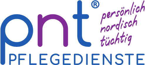 Logo für PNT Pflegedienste mit dem Schriftzug "persönlich nordisch tüchtig" in lila Schrift über dem Namen in blauen und lila Klein- und Großbuchstaben.